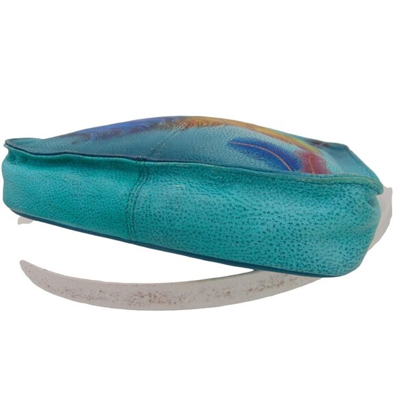 Anuschka Leather Crossbody Purse Wallet Teal Blue Feather Peacock Hand Painted - Picture 8 of 16